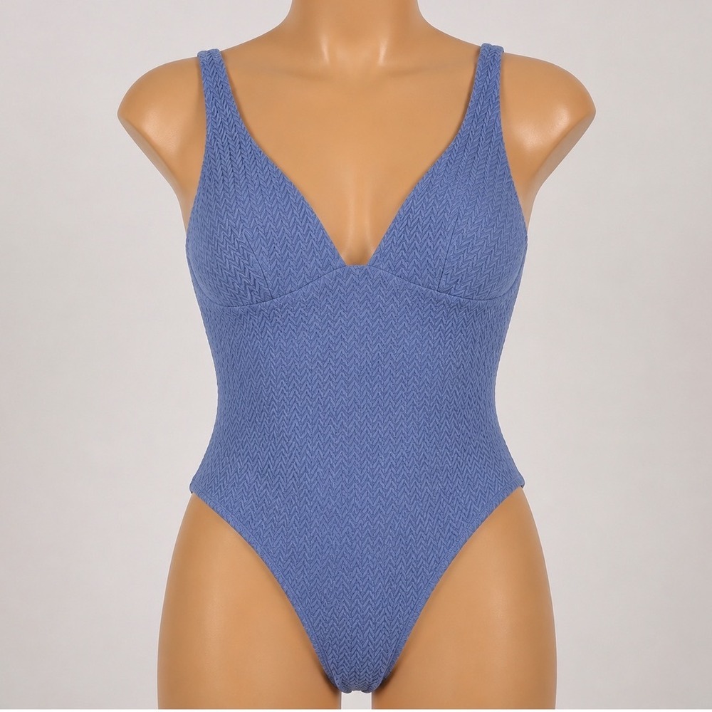 Shade & Shore Blue Textured One Piece Swimsuit V-Neck Tummy Control Medium NEW